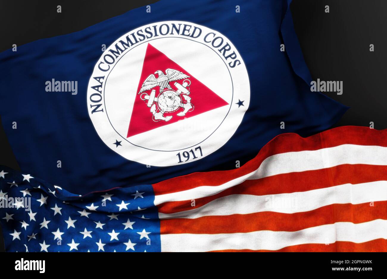 Bandiera del NOAA commissionato ufficiale Corps insieme ad una bandiera degli Stati Uniti d'America come simbolo di un collegamento tra loro, 3d illustratio Foto Stock