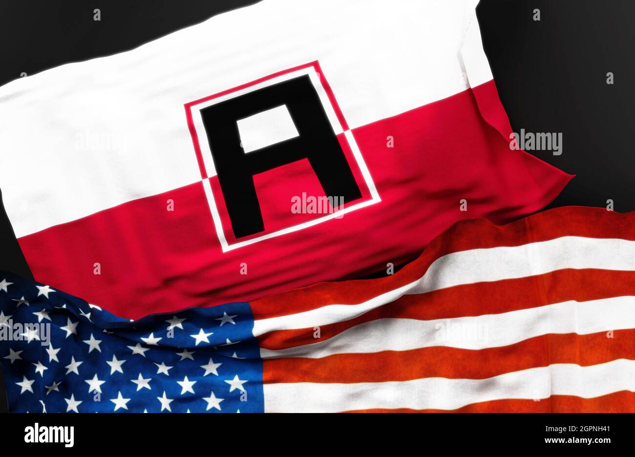 Bandiera del primo esercito degli Stati Uniti con una bandiera degli Stati Uniti d'America come simbolo di unità tra loro, illustrazione 3d Foto Stock