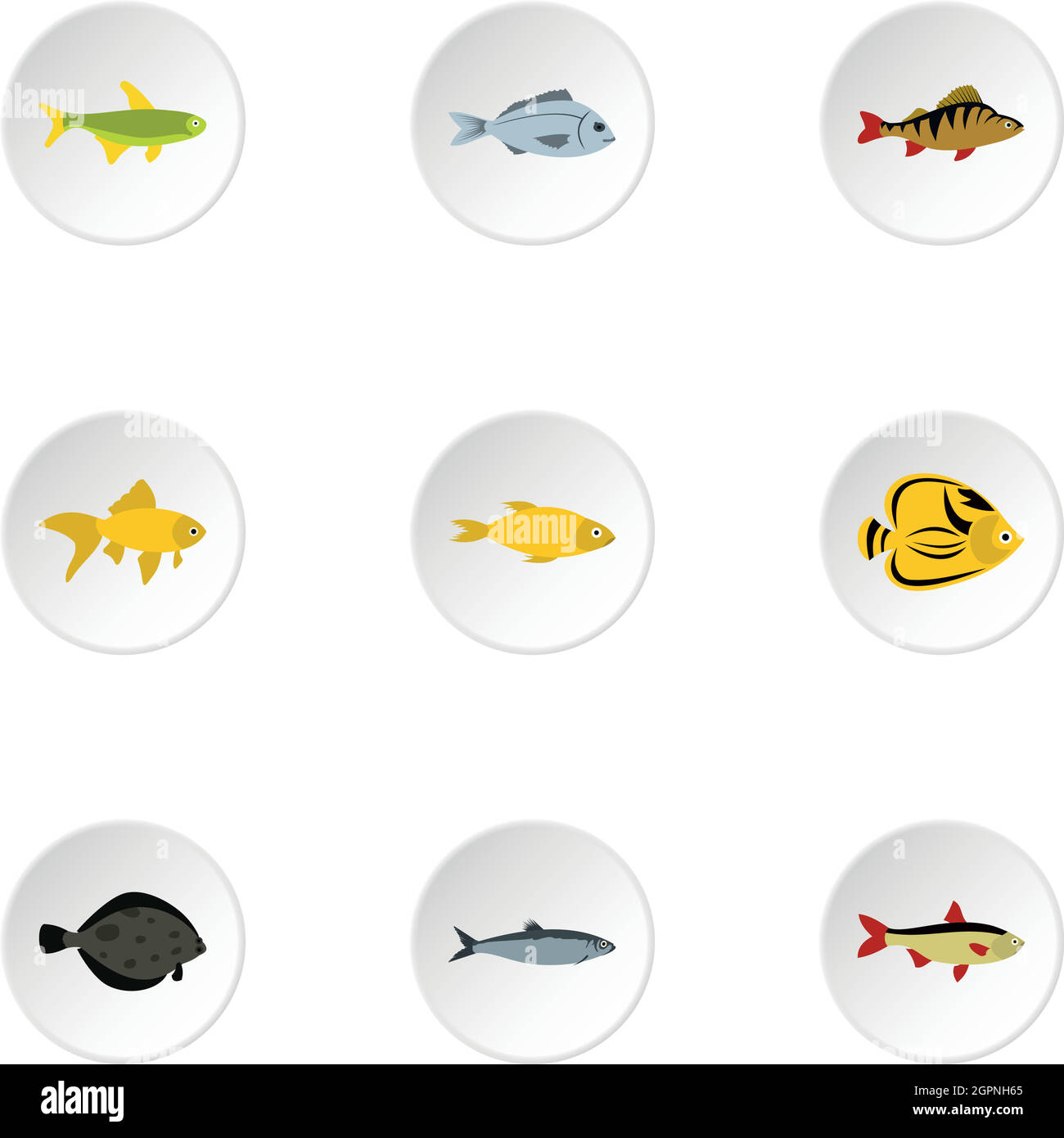 Specie di pesci set di icone di stile di Piana Illustrazione Vettoriale
