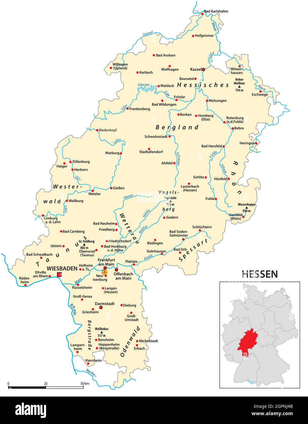La mappa dello stato dell'Assia in lingua tedesca Illustrazione Vettoriale