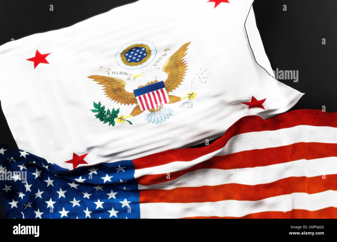 Bandiera del Segretario aggiunto della guerra degli Stati Uniti con una bandiera degli Stati Uniti d'America come simbolo di una connessione tra loro, 3d il Foto Stock
