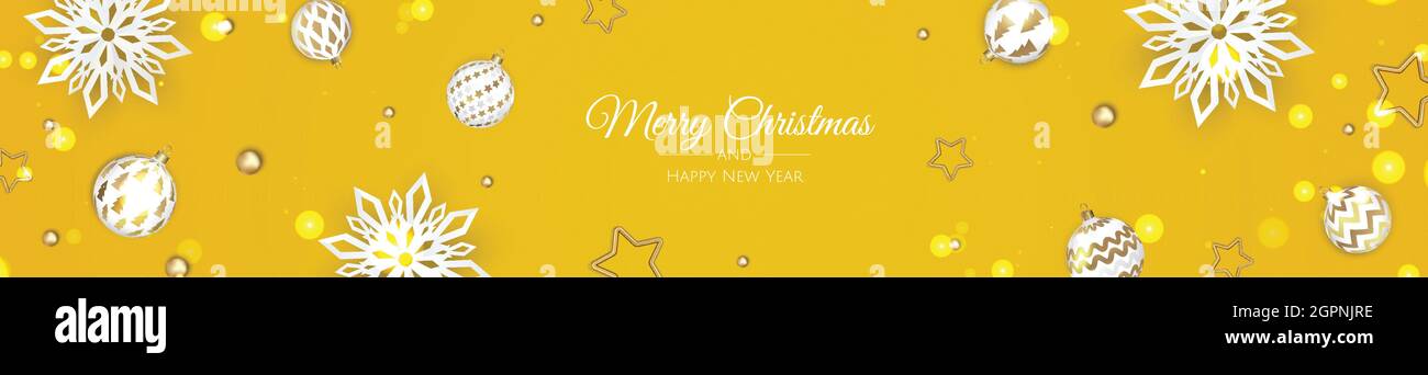 Buon Natale e Felice Anno Nuovo. Sfondo xmas con design Snowflakes e palle. Illustrazione Vettoriale