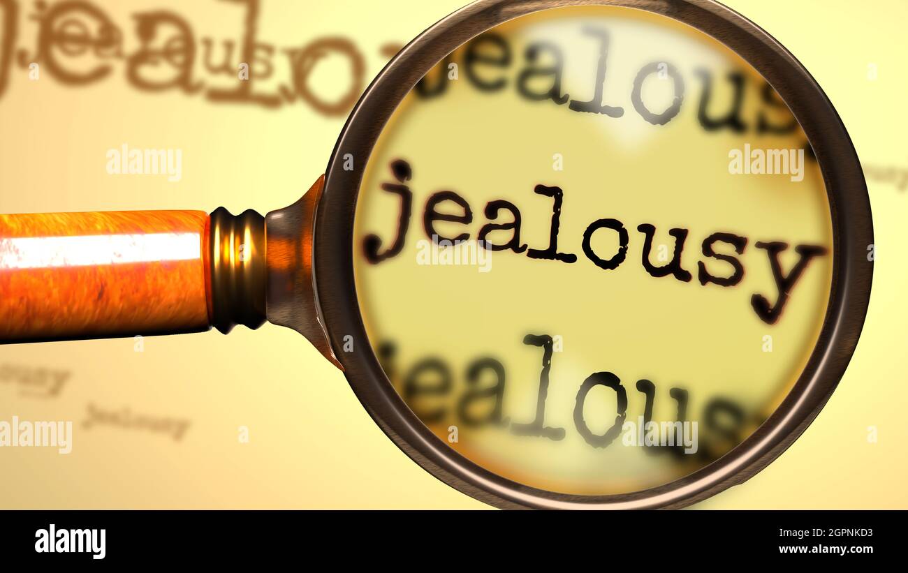 Gelosia e una lente d'ingrandimento sulla parola inglese Jealousy per simbolizzare lo studio, l'esame o la ricerca di una spiegazione e risposte relative ad un con Foto Stock