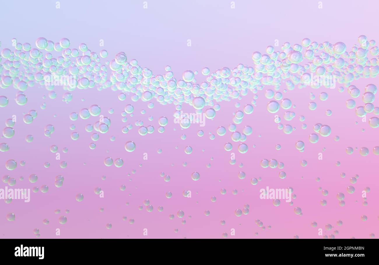 Un concetto scientifico di una raccolta di molecole liquide trasparenti che si raccolgono sotto uno strato invisibile su sfondo rosa - rendering 3D Foto Stock