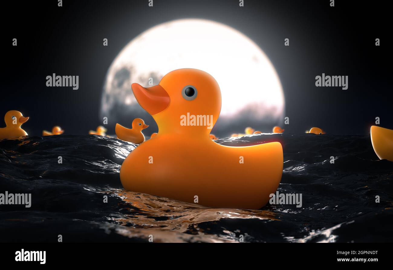 Un concetto surreale che mostra una collezione di anatre di gomma su una superficie turbolenta di acqua di fronte a una luna piena all'orizzonte di notte - rendering 3D Foto Stock