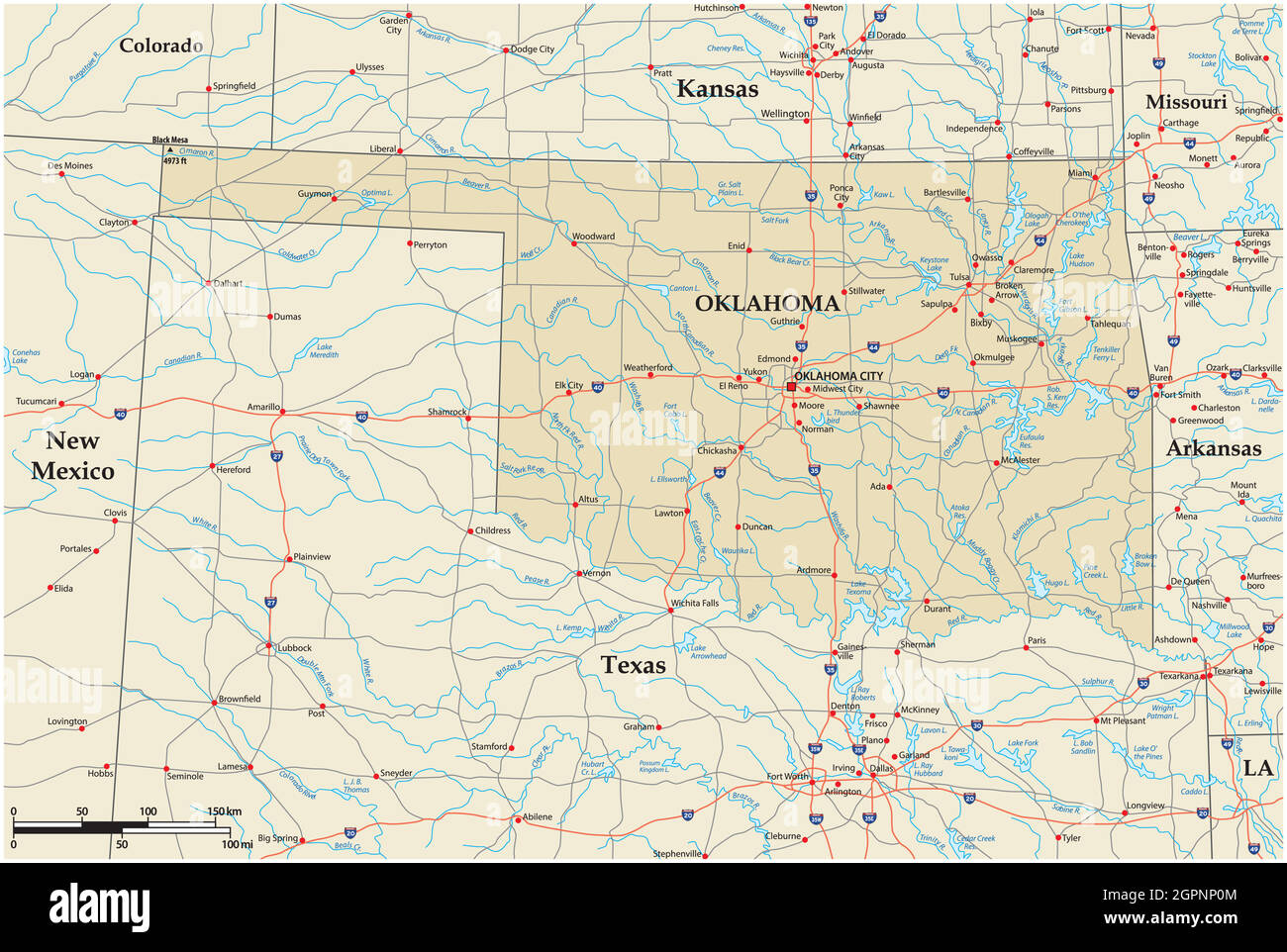 Mappa stradale vettoriale dello stato degli Stati Uniti dell'Oklahoma Illustrazione Vettoriale