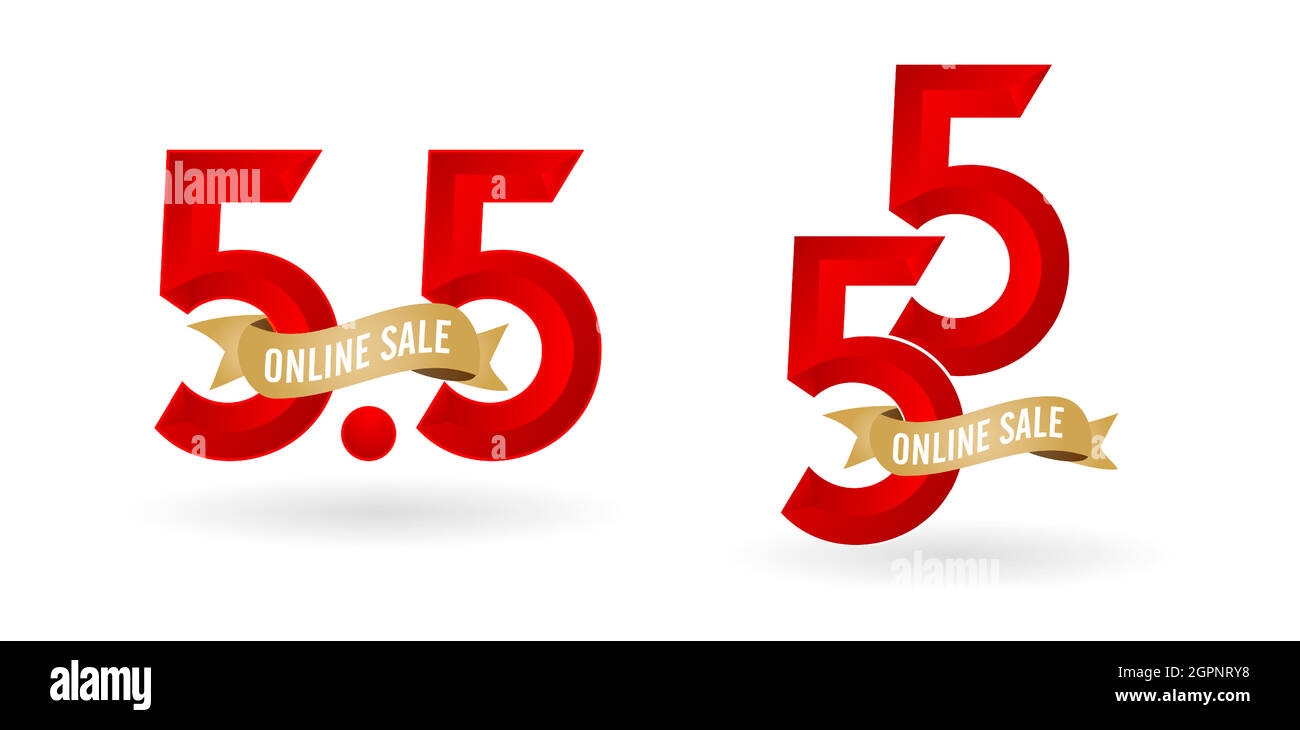 5.5 Mega vendita, 5.5 vendita online, con sfumatura rosso e nastro d'oro applicabile poster o volantino design, banner social media, promozione negozio online, web banner store e retail, agenzia pubblicizzare media Illustrazione Vettoriale