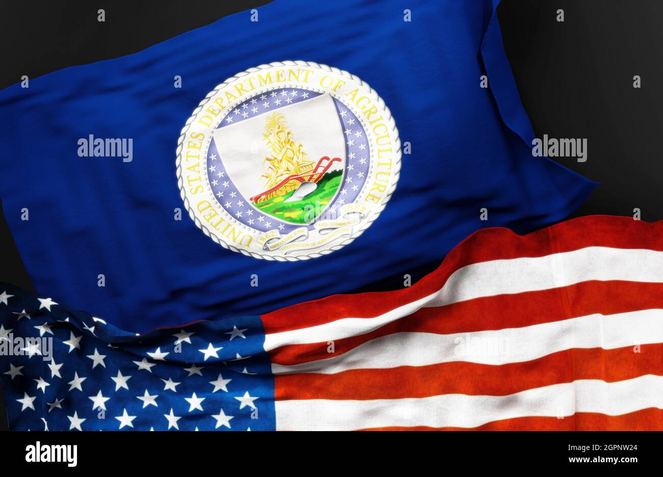 Bandiera del Dipartimento dell'Agricoltura degli Stati Uniti con una bandiera degli Stati Uniti d'America come simbolo di una connessione tra di loro, 3d ILL Foto Stock