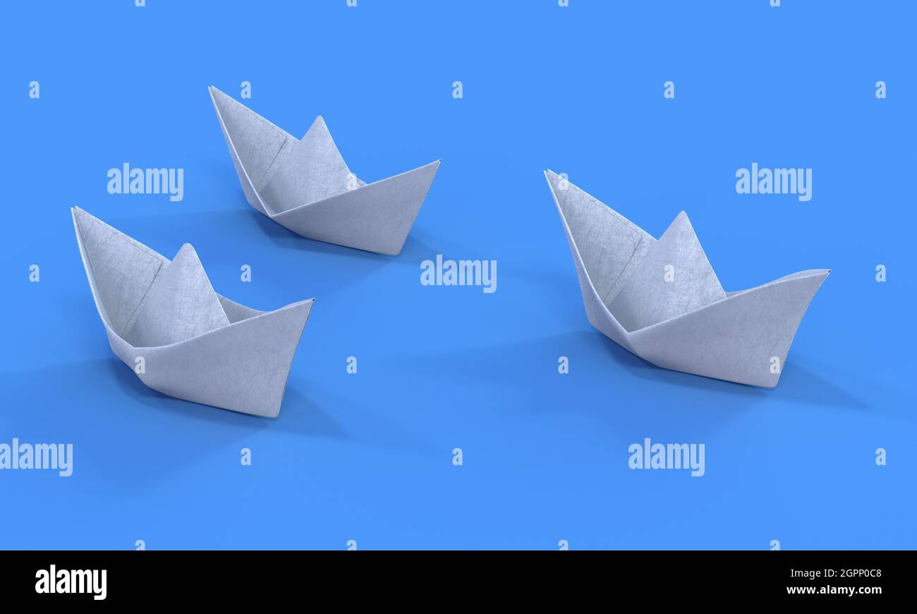 Rendering 3D di barche origami su sfondo blu, concetto di gestione Foto Stock