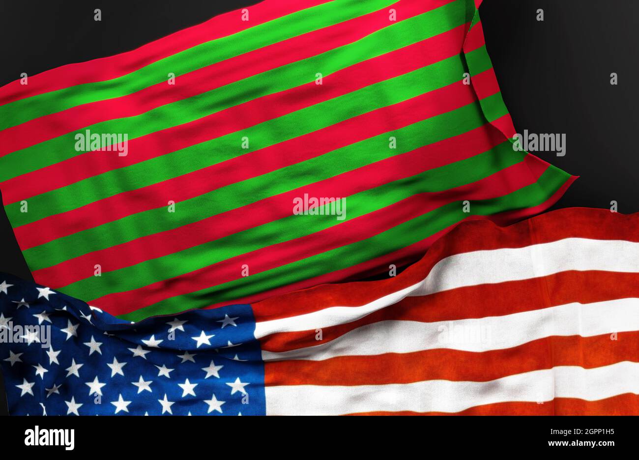 Bandiera di George Rogers Clark insieme ad una bandiera degli Stati Uniti d'America come simbolo di unità tra loro, illustrazione 3d Foto Stock
