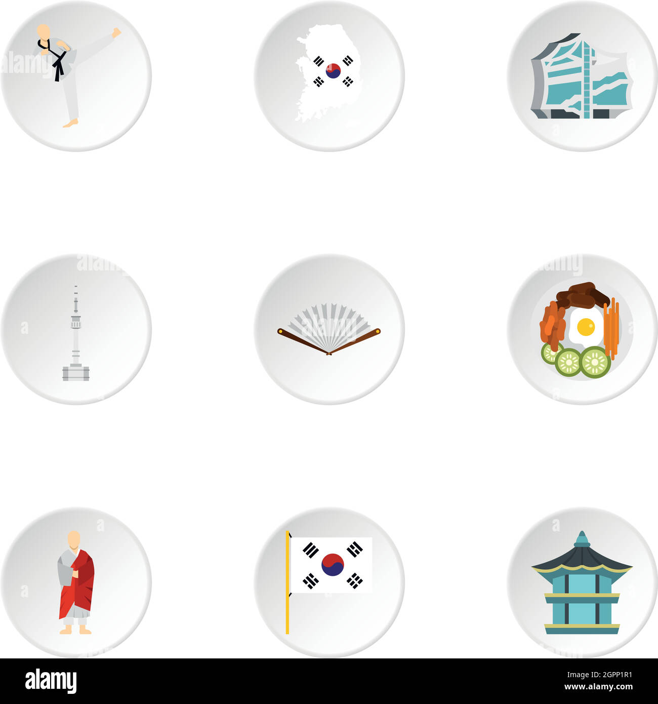 Turismo in Corea del Sud icone set, stile piatto Illustrazione Vettoriale