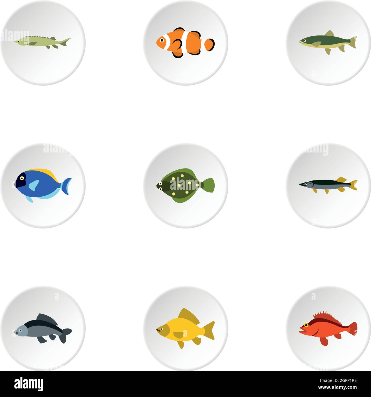 Specie di pesci set di icone di stile di Piana Illustrazione Vettoriale