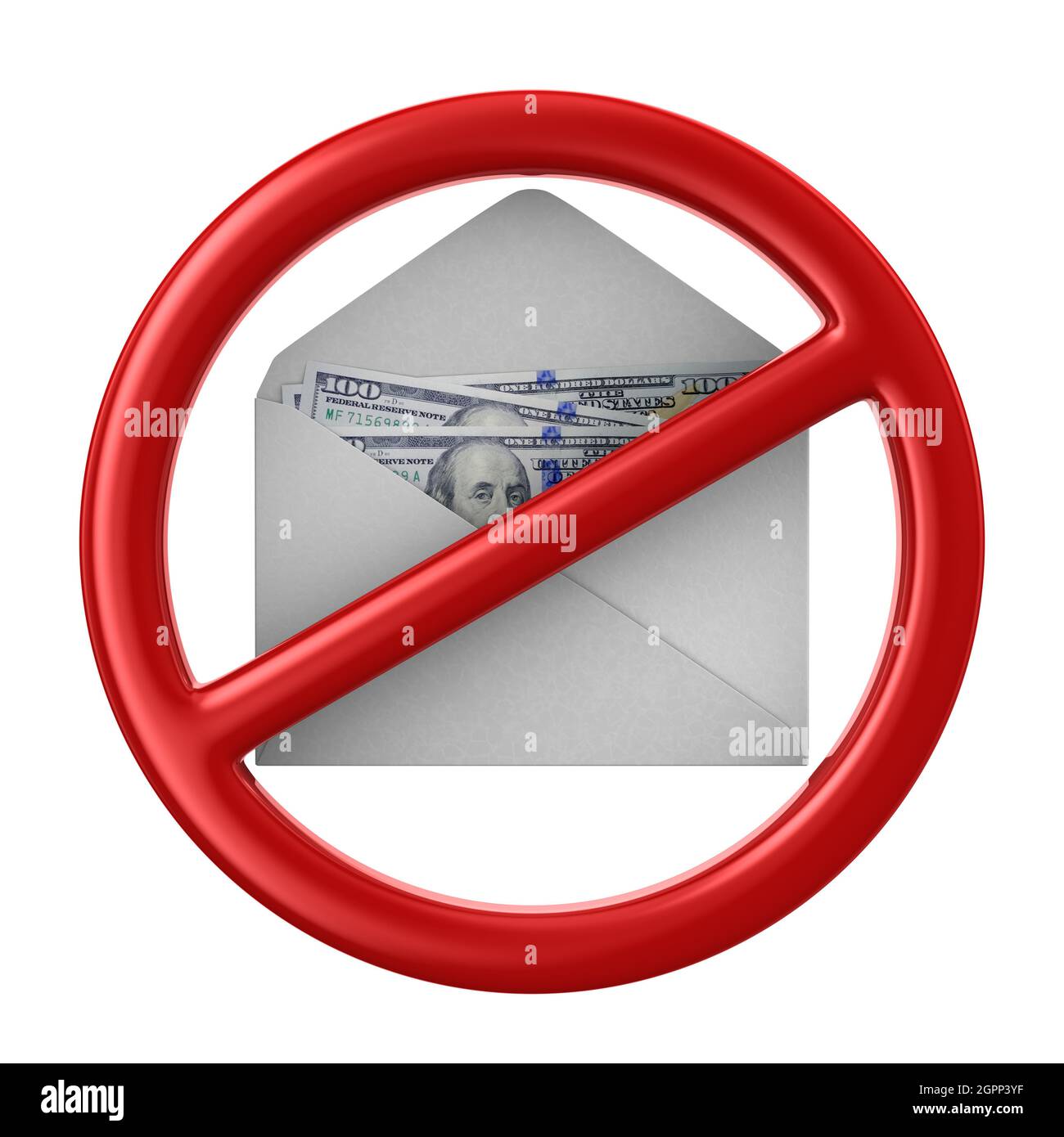 busta e segno vietati con denaro su sfondo bianco. Illustrazione 3D isolata Foto Stock