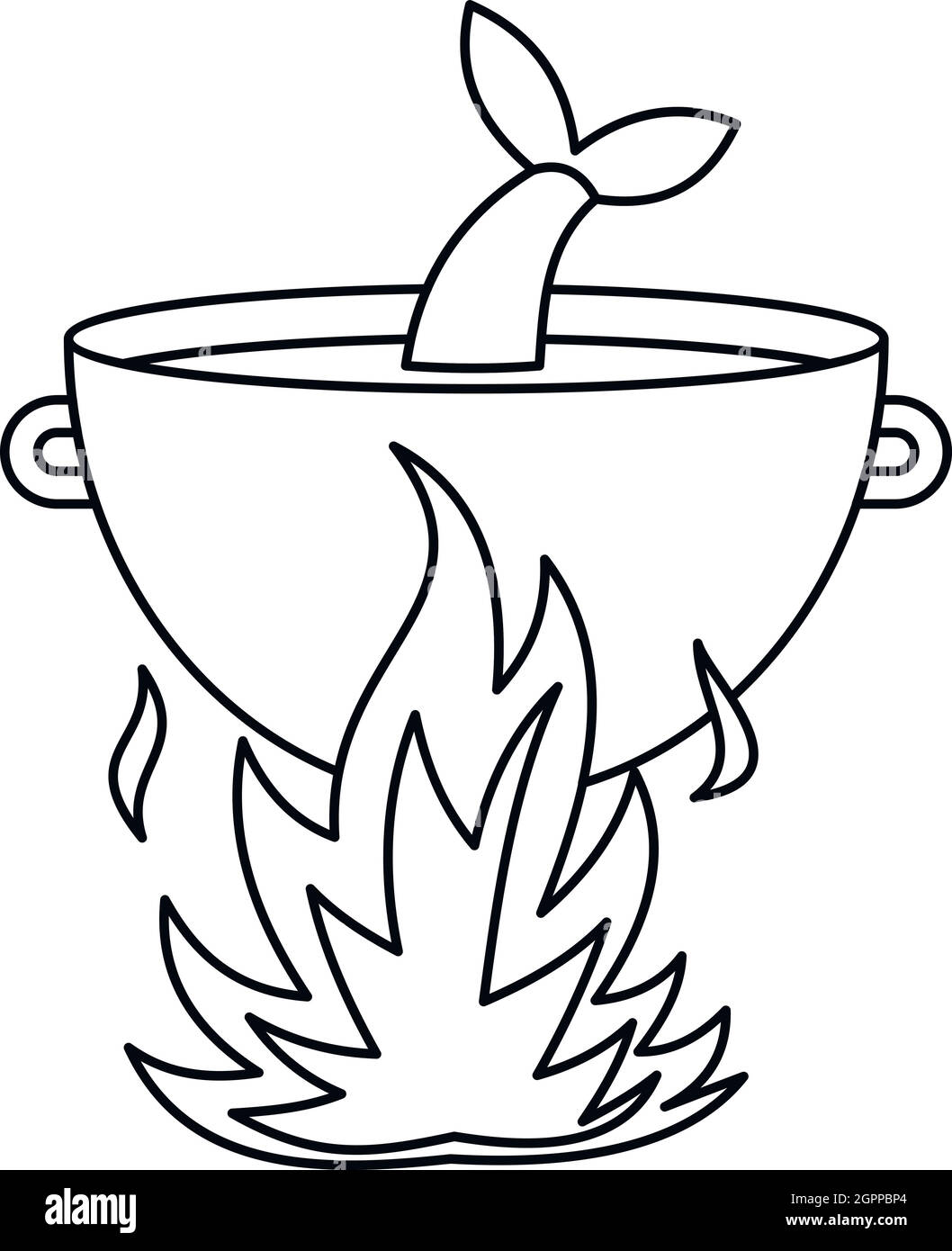 Zuppa di pesce nel calderone icona, stile contorno Illustrazione Vettoriale