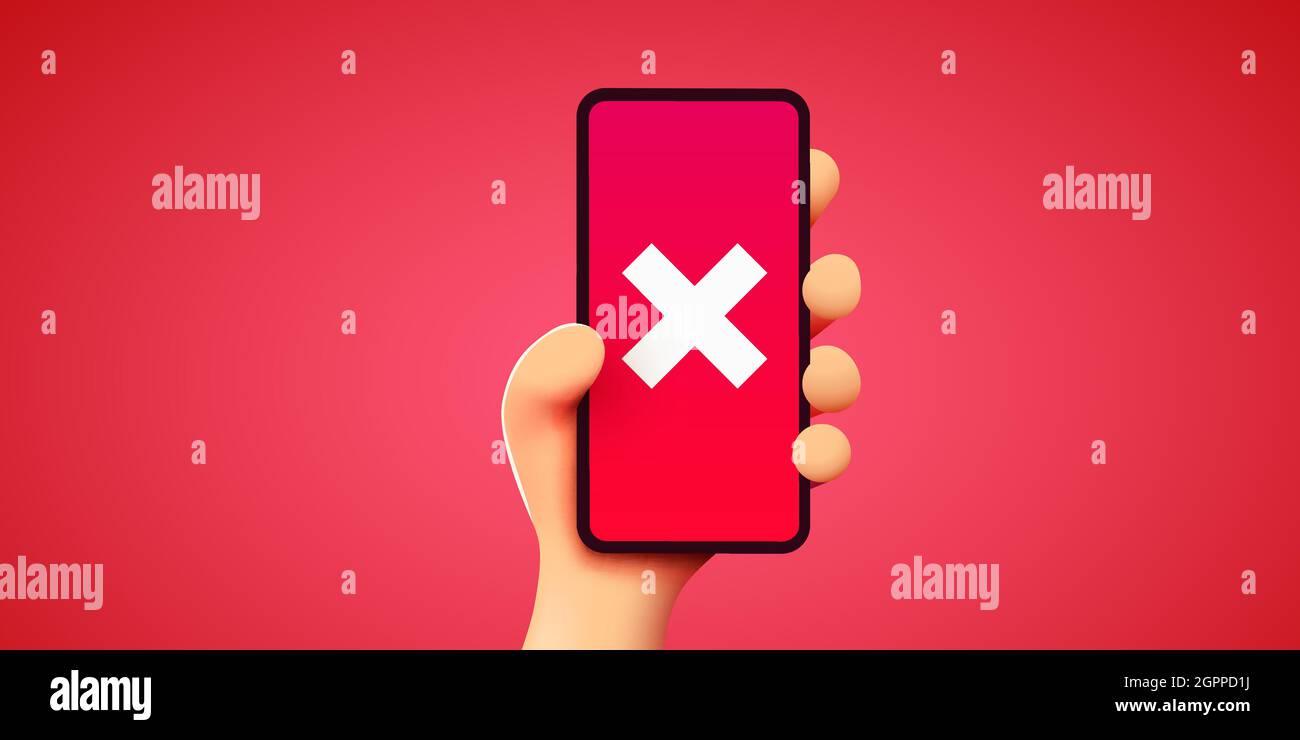 la mano 3D cute tiene lo smartphone con una croce sullo schermo. Illustrazione vettoriale Illustrazione Vettoriale