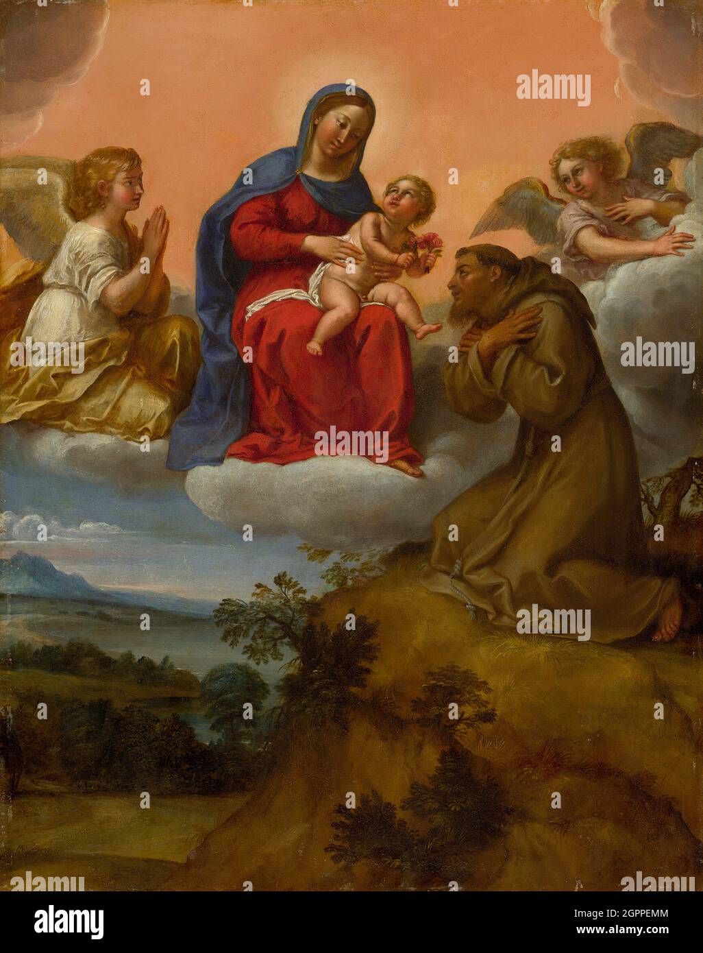 Vergine e Bambino adorato da San Francesco, c.. 1606/07. Foto Stock