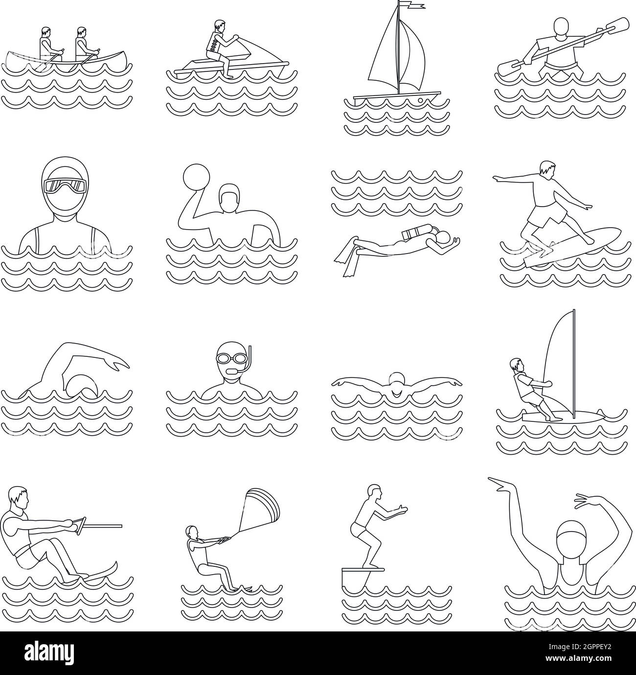 Sport d'acqua set di icone di stile di contorno Illustrazione Vettoriale