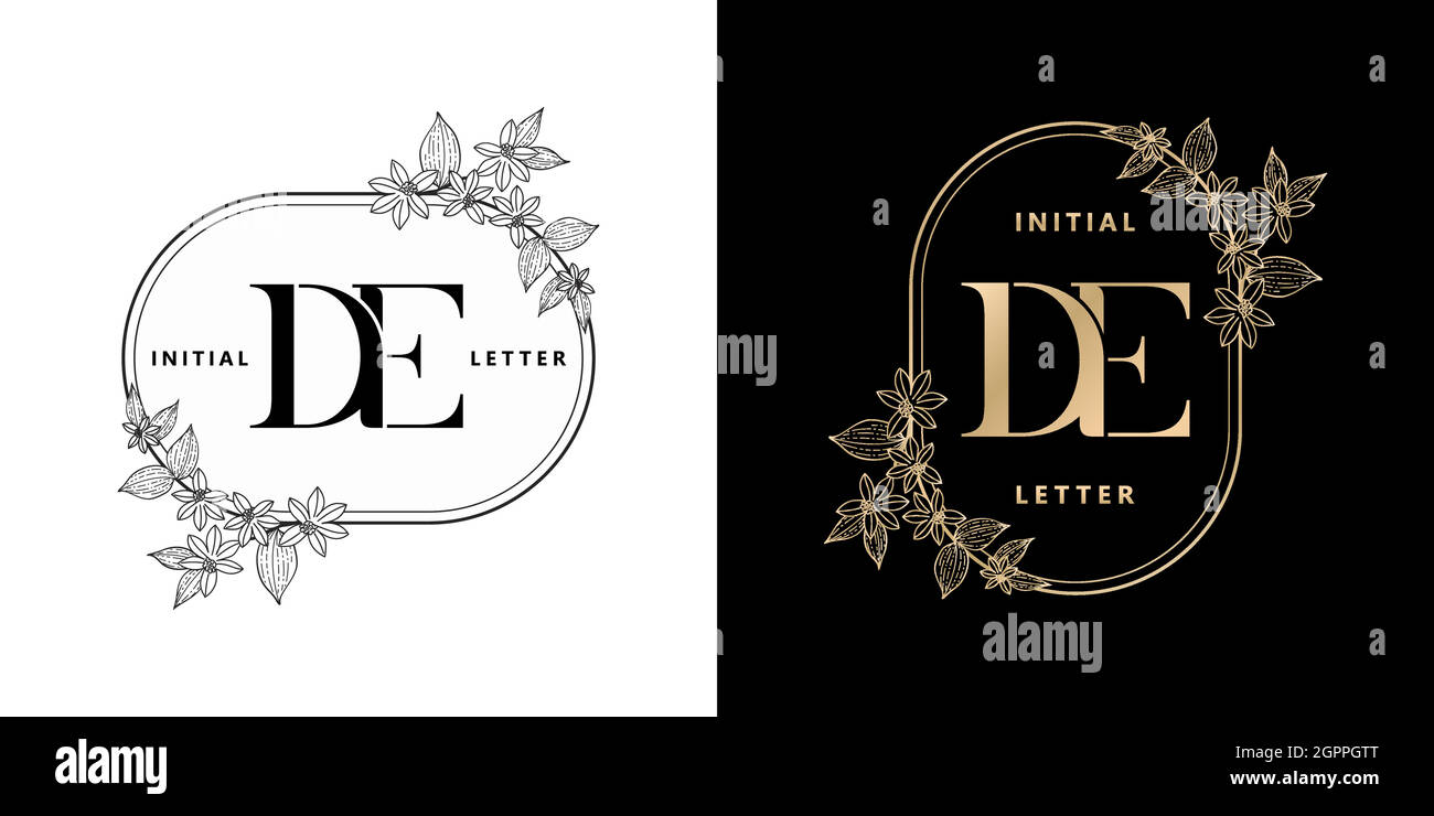 Illustrazione della cornice floreale per LA lettera INIZIALE DE e nome grafico, Monogramma D ed e, per matrimonio coppia simbolica, azienda e business icona, con due colori variazione disegni monocromatico e oro. Illustrazione Vettoriale