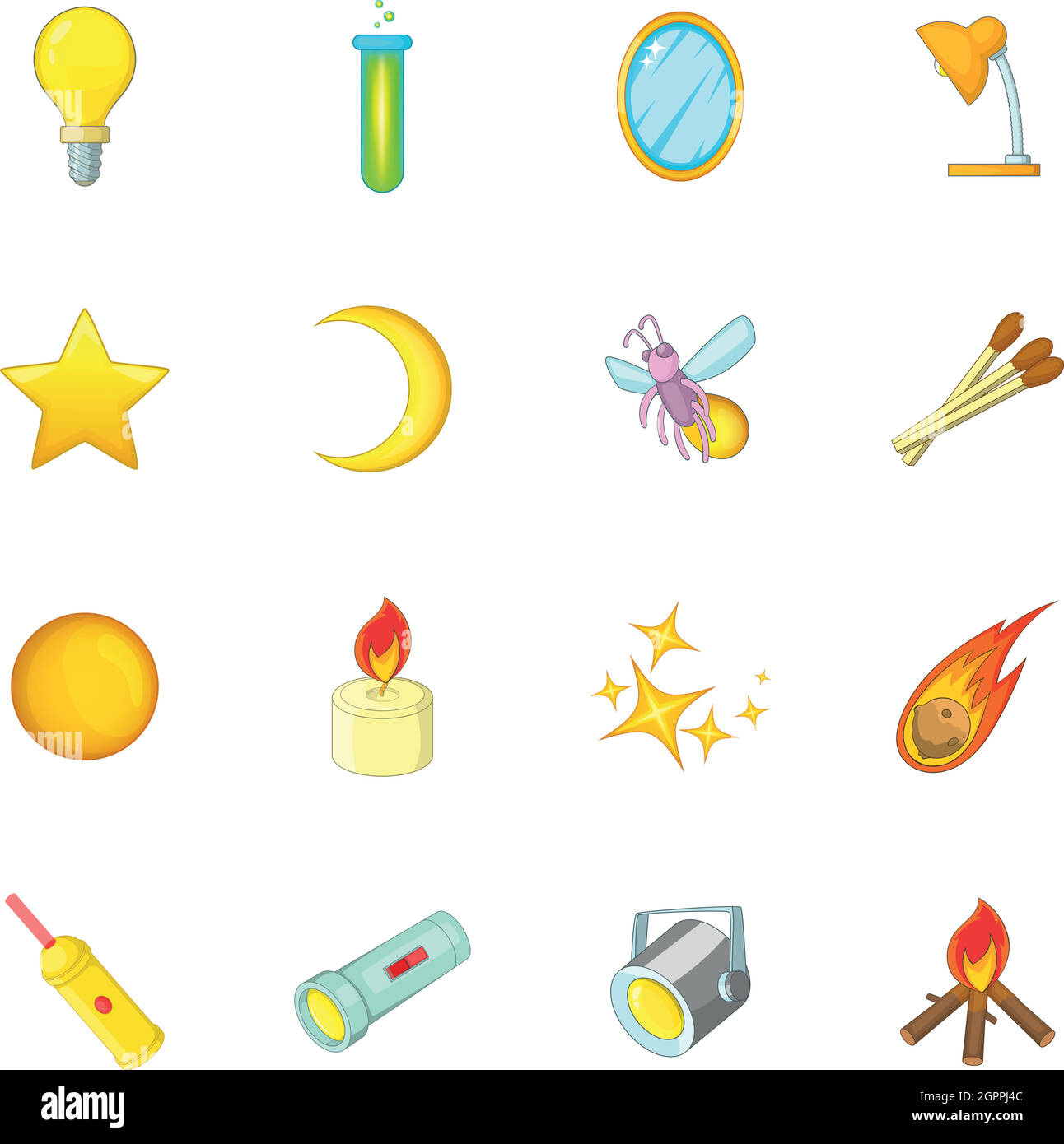 Fonti di luce set di icone, stile cartoon Illustrazione Vettoriale