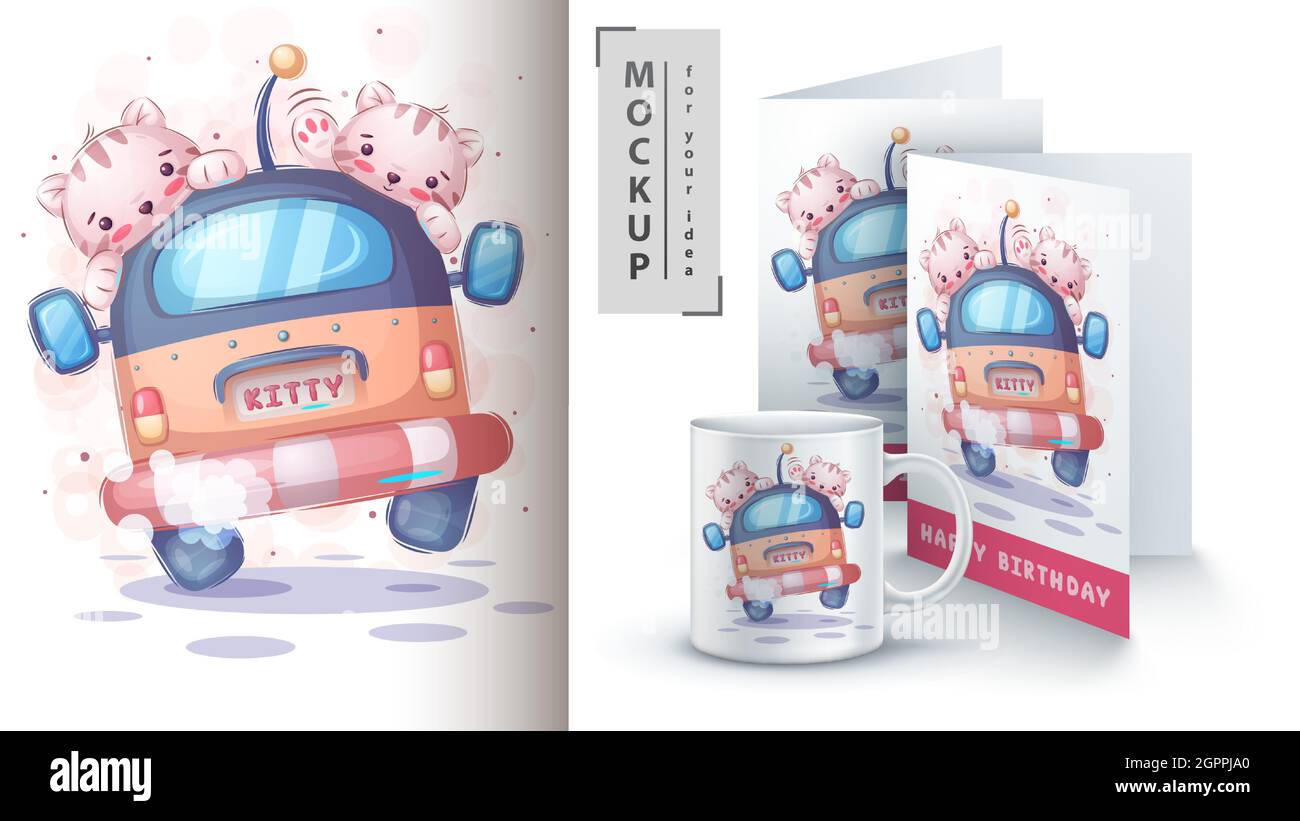 Poster e merchandising Cat Happy Travel. Illustrazione Vettoriale