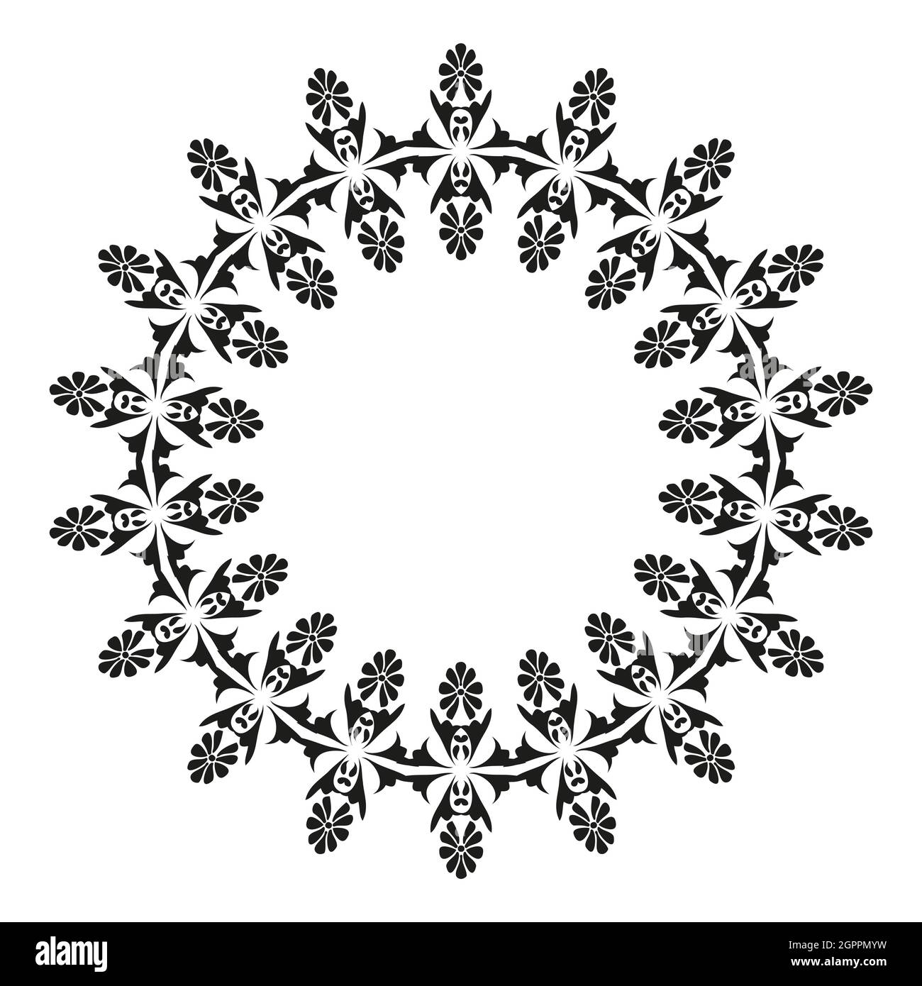 Bordo a ripetizione circolare. Modello damask rotondo con luogo per il testo. Cornice floreale. Bianco e nero. Ornamento per decorazione di carte e inviti. Illustrazione Vettoriale