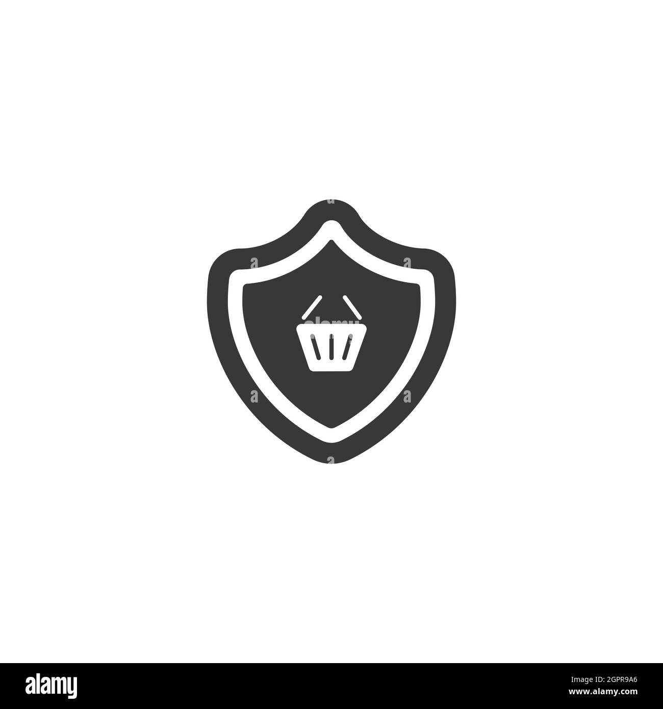 Acquisto sicuro. Scudo di sicurezza e carrello della spesa. Icona isolata. Illustrazione del vettore glyph di commercio Illustrazione Vettoriale