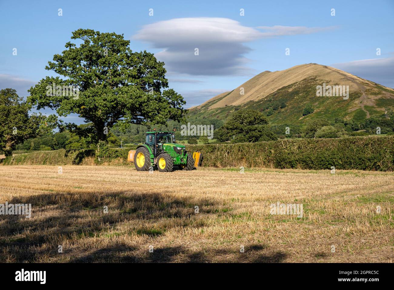 Un agricoltore che taglia una siepe di campo e una vista sul Lawley, vicino a tutto Stretton, Shropshire Foto Stock