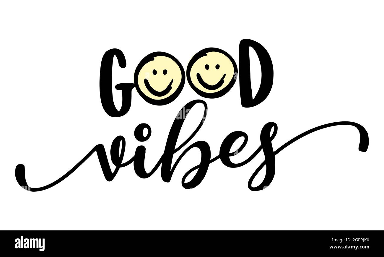 Buone vibrazioni - decorazione ispiratrice carina. Piccole facce sorridenti in stile moderno, poster per la camera d'amore di sé, biglietti d'auguri, vestiti. Vettore isolato. Illustrazione Vettoriale