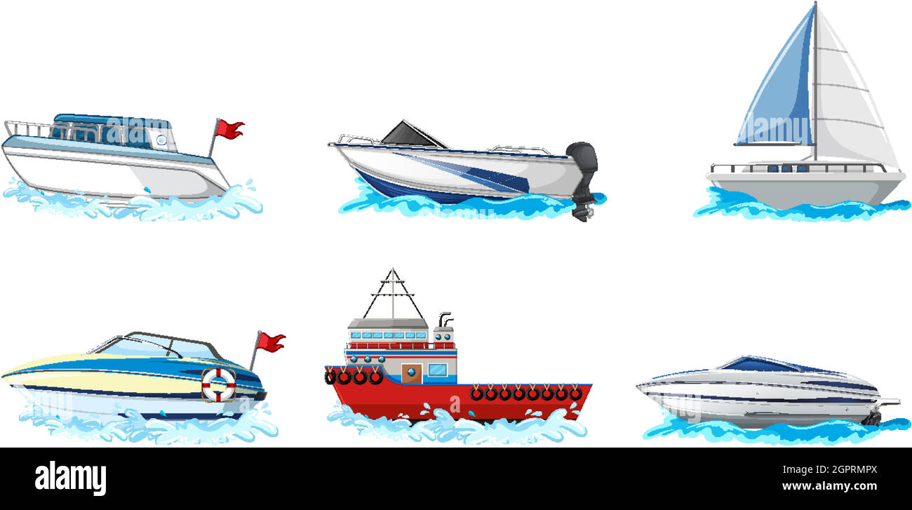 Set di diversi tipi di barche e nave isolata su sfondo bianco Illustrazione Vettoriale