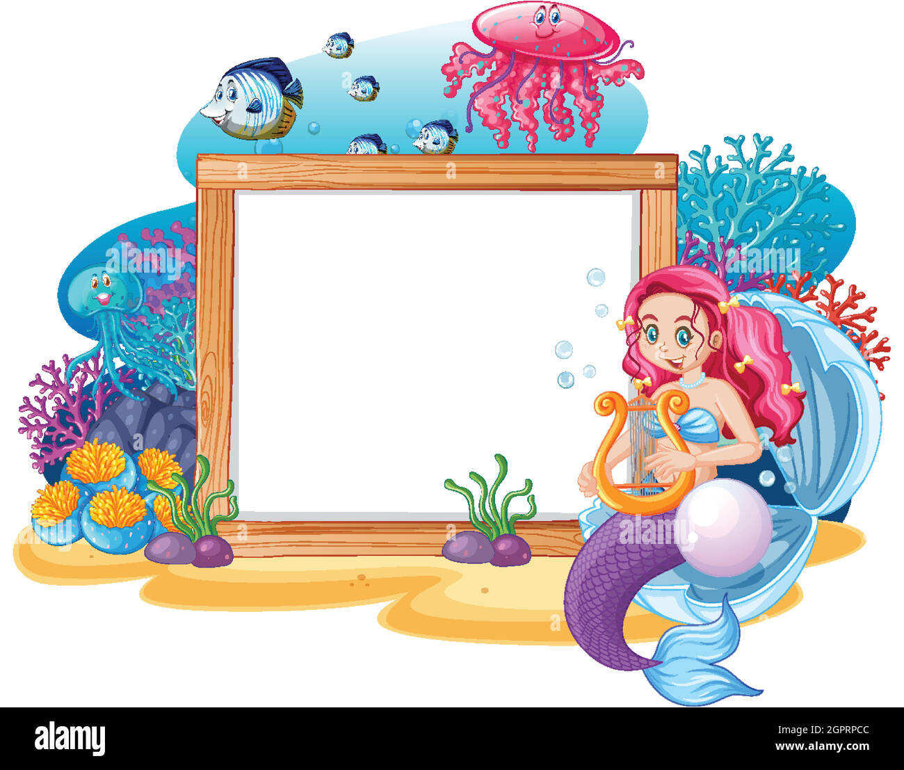 Tema Sirenetta e animale marino con cartoni animati bianchi su sfondo bianco Illustrazione Vettoriale