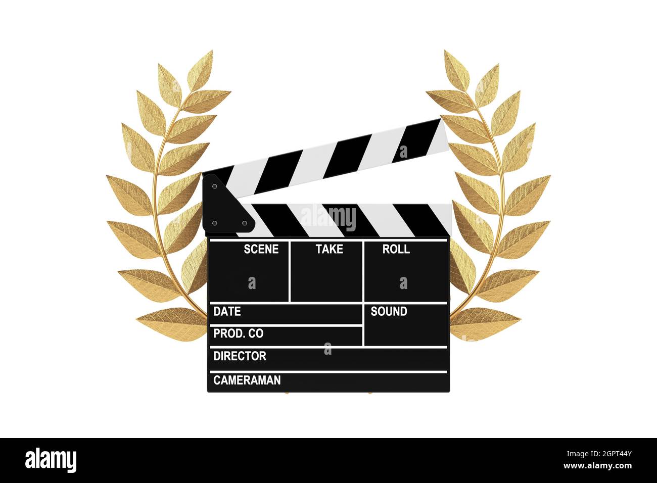 Concetto di Cinema Award. Film Slate Clapper Board con Gold Laurel Wreath Winner Award su sfondo bianco. Rendering 3d Foto Stock