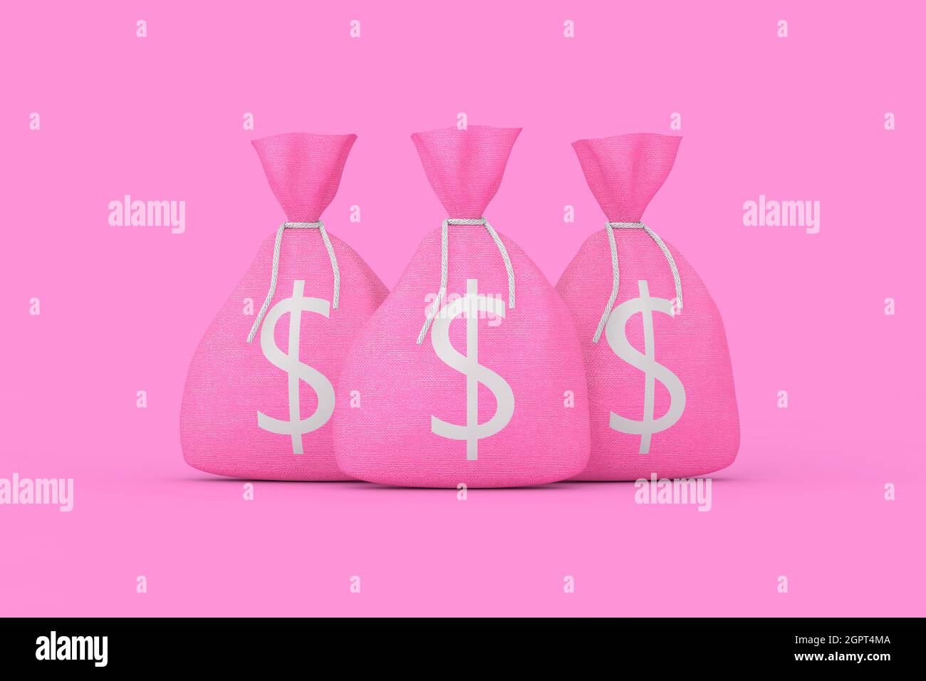 Rosa legato rustico tela Sacchi di denaro o borse di denaro con Dollar Sign su uno sfondo rosa. Rendering 3d Foto Stock