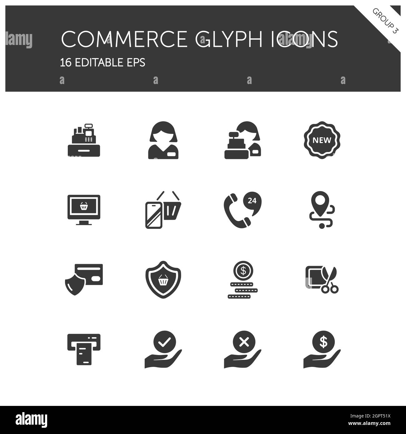 Commercio. Persone, cassiere, telefono, sicurezza, biglietto, denaro e mani gruppo. Set di icone isolate. Illustrazione del vettore glifo Illustrazione Vettoriale