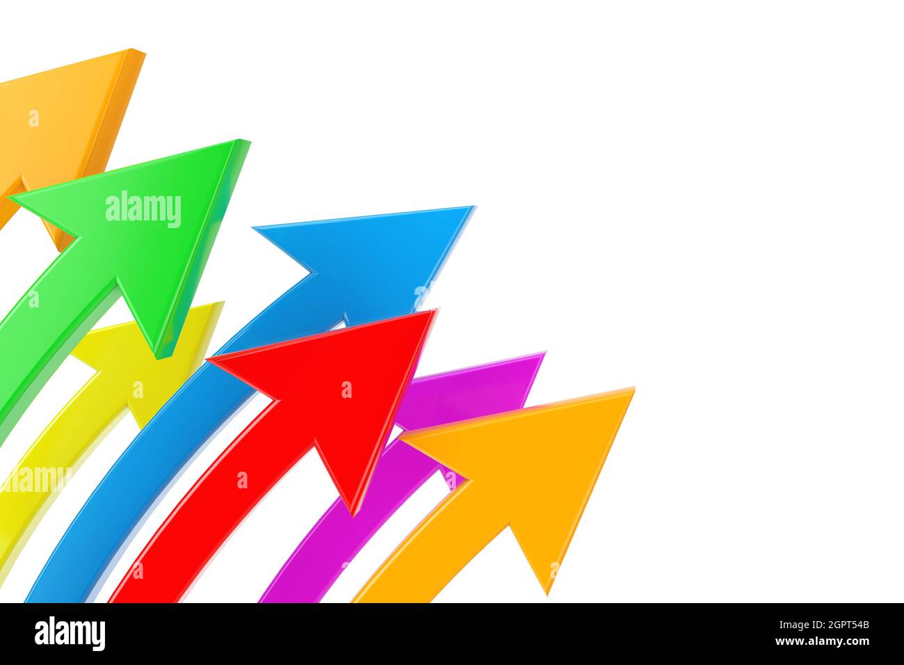 Concetto aziendale. Frecce curve multicolore su sfondo bianco. Rendering 3d Foto Stock