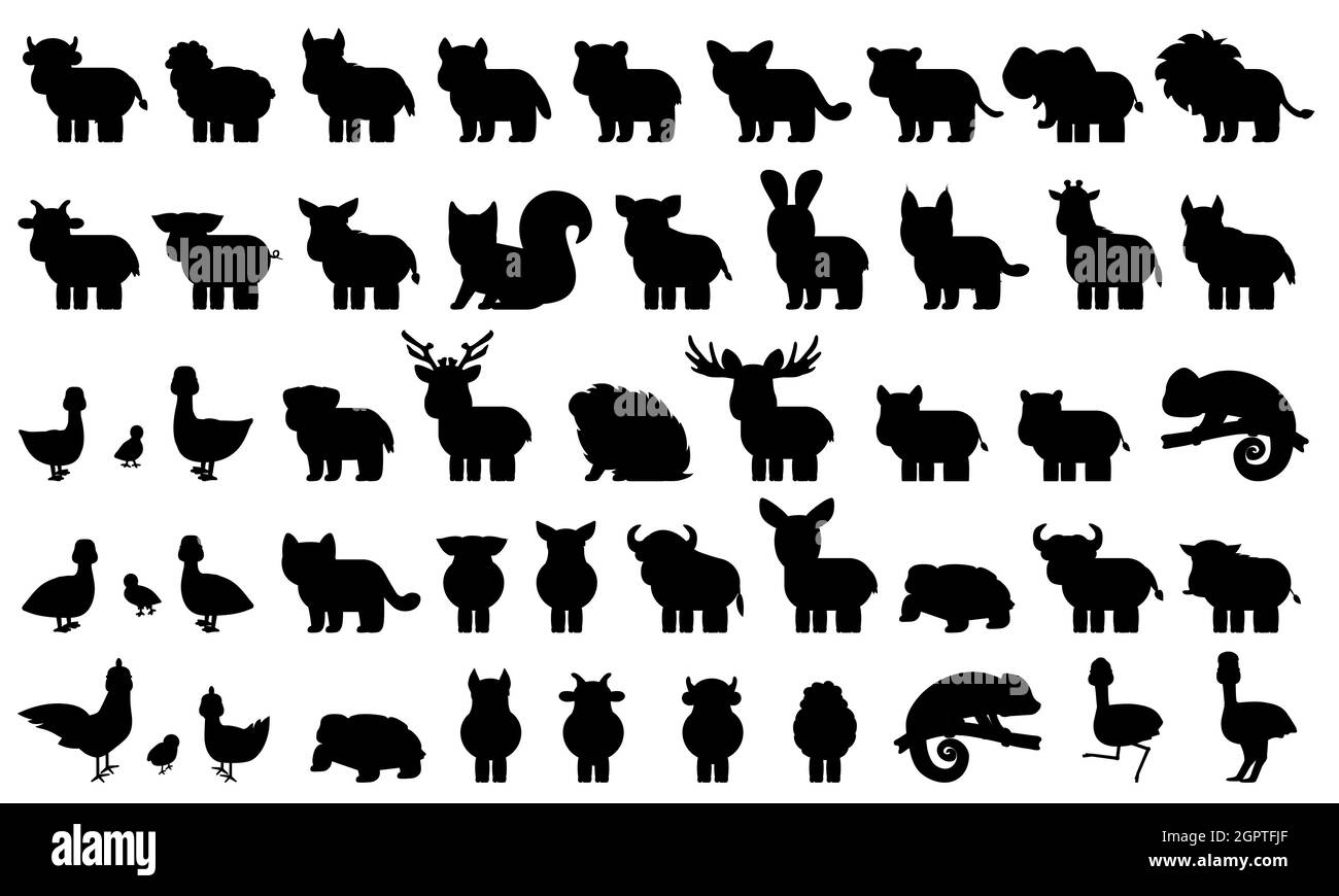 Grande fascio di silhouette nazionale, fattoria foresta selvaggia animali, uccelli. Illustrazione vettoriale in bianco nero di una collezione di personaggi di cartoni animati isolati su Illustrazione Vettoriale