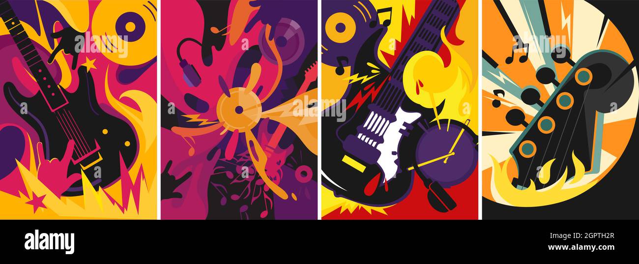 Collezione di poster di musica rock. Disegni di cartellonistica in stile astratto. Illustrazione Vettoriale