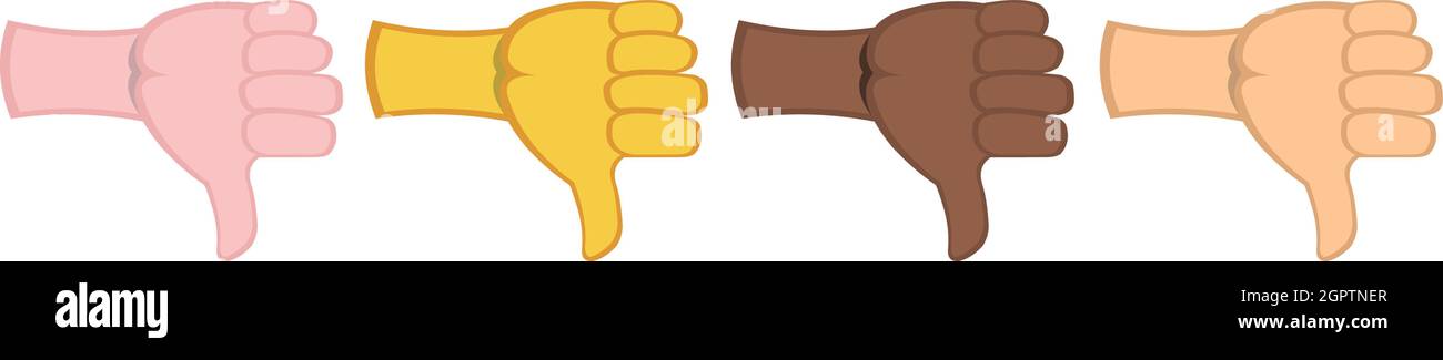 Illustrazione vettoriale delle emoticon delle mani di diversi colori facendo un gesto con il pollice giù Illustrazione Vettoriale