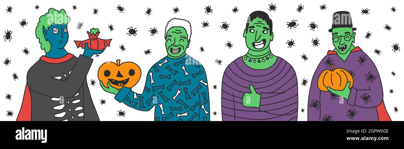 Gruppo di Halloween partito verde e blu pelle persone con zucche, vampiro bat. Illustrazione vettoriale di zombie in costumi con occhi strani. Illustrazione Vettoriale