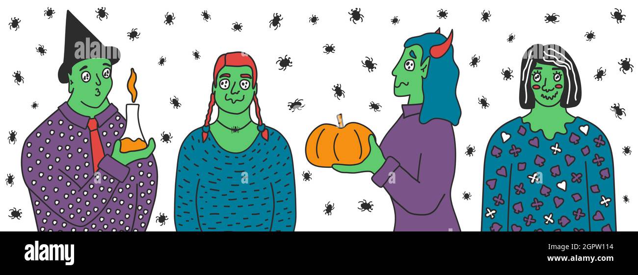 Set di mago di pelle verde con zucche, fiasca con sostanza. Illustrazione vettoriale di zombie in costumi con occhi strani. Illustrazione Vettoriale