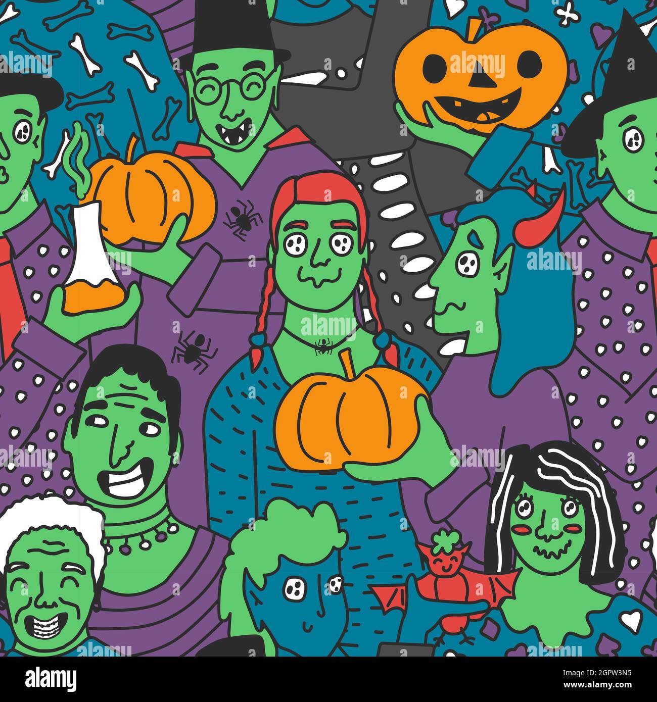 Halloween partito di gente di pelle verde senza cuciture modello. Illustrazione vettoriale di zombie in costumi con occhi strani. Illustrazione Vettoriale