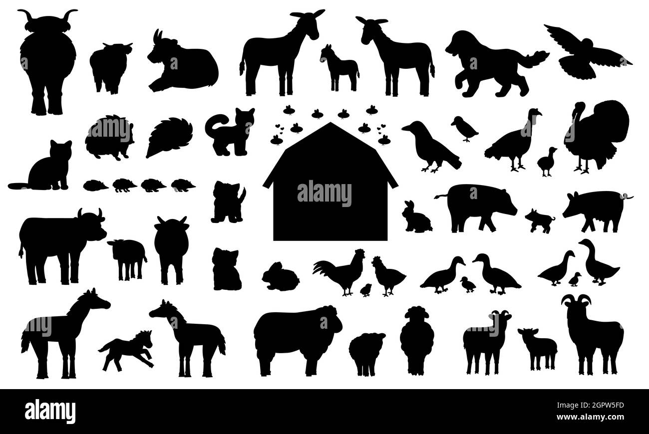 Set di silhouette animali da fattoria cartoon. Vettore carino collezione di fienile in legno, mucca d'oca di bue maiale porco pollo gallina gallo capra pecora cavallo d'anatra Illustrazione Vettoriale