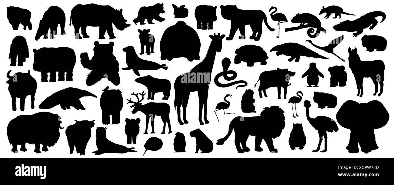Set di silhouette cartoon isolato Savannah African American foresta animali. Vettore cute tigre leone rinoceros bufala zebra elefante giraffa coccodil Illustrazione Vettoriale