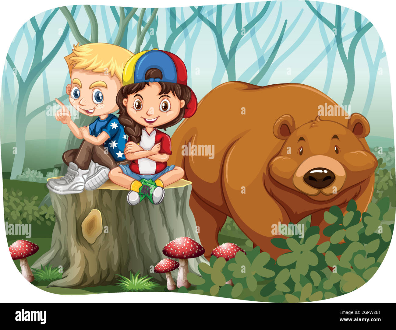 Ragazzo e ragazza seduti con un orso Illustrazione Vettoriale