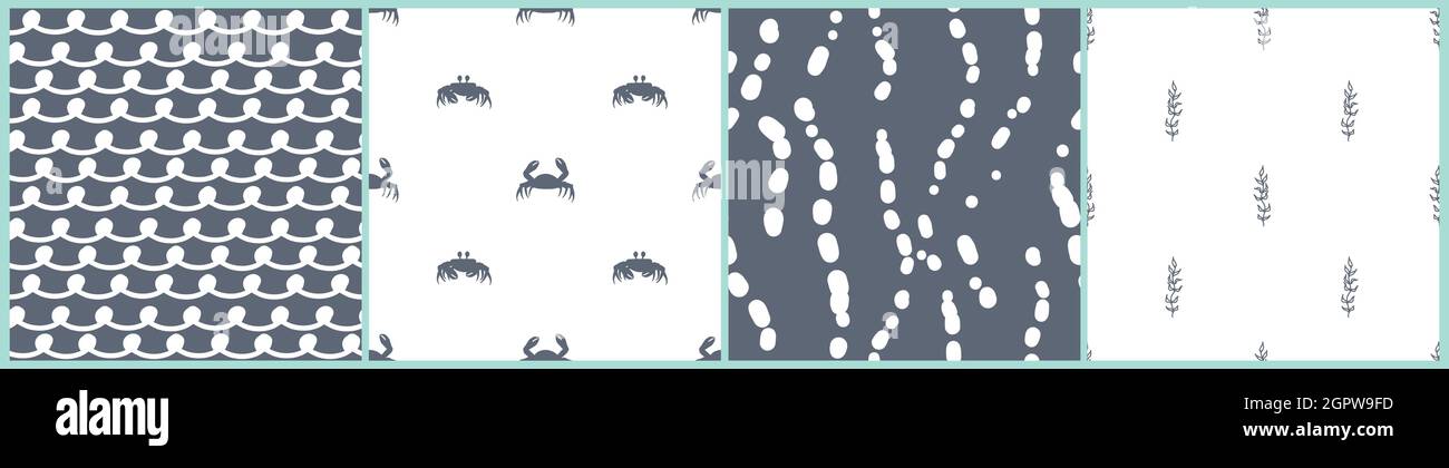 Granchi marini blu e bianchi, onde, piante sottomarine alghe e bulbi d'acqua semplici modelli senza giunture monocromatici. Set di illustrazioni vettoriali disegnate a mano Illustrazione Vettoriale