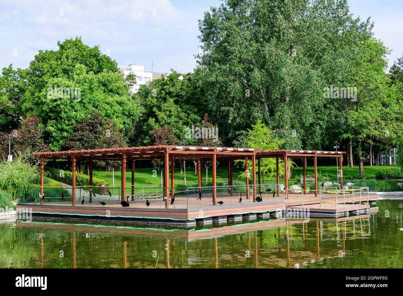 Paesaggio con lago e alberi verdi vividi nel Parco Drumul Taberei (Parcul Drumul Taberei) conosciuto anche come Parco Moghioros, a Bucarest, in Romania, in un clo Foto Stock