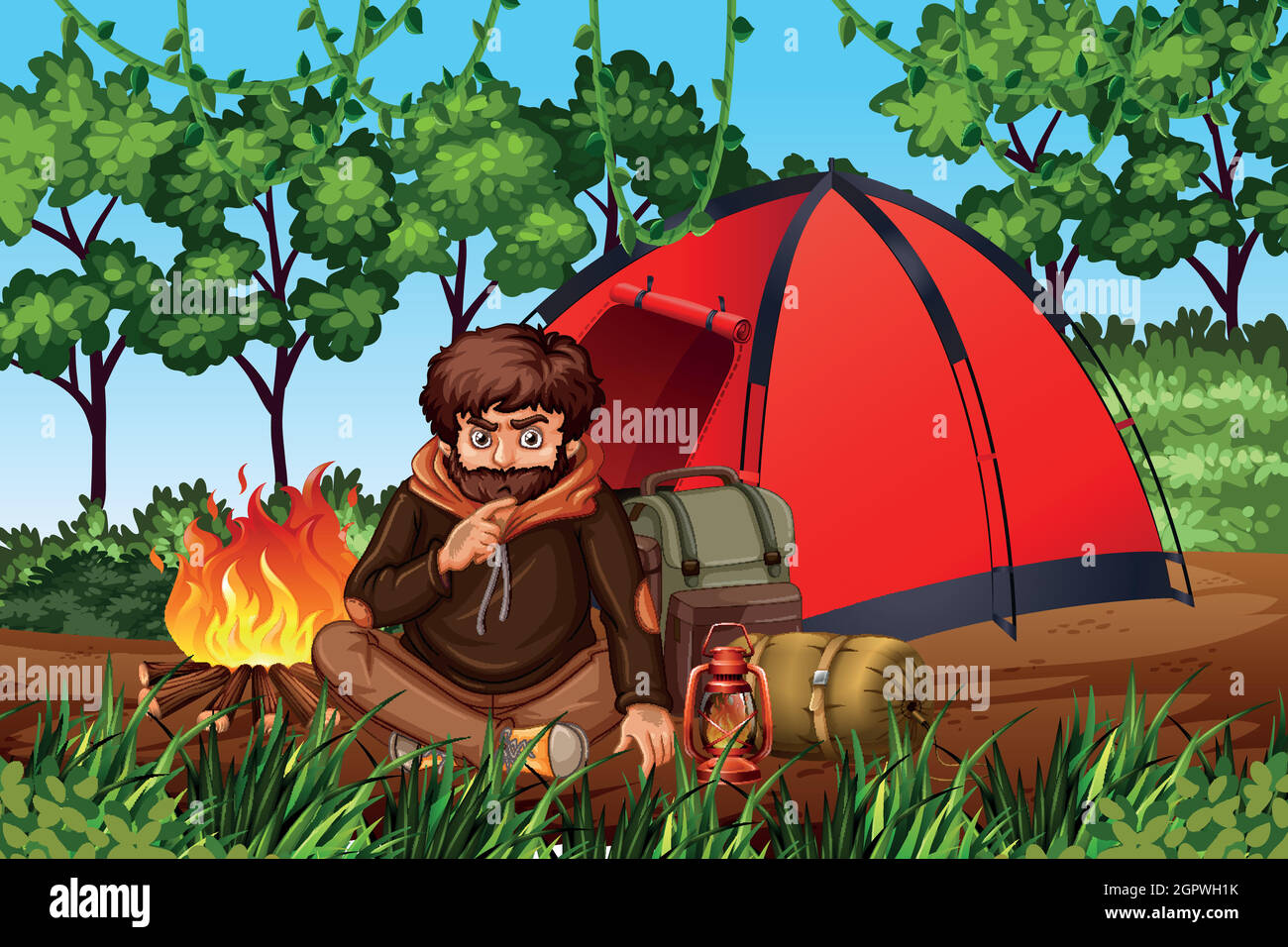 L'uomo camping nei boschi Illustrazione Vettoriale