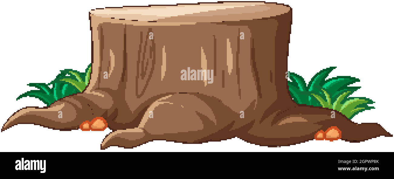 Grande moncone marrone con erba in stile cartoon su sfondo bianco Illustrazione Vettoriale
