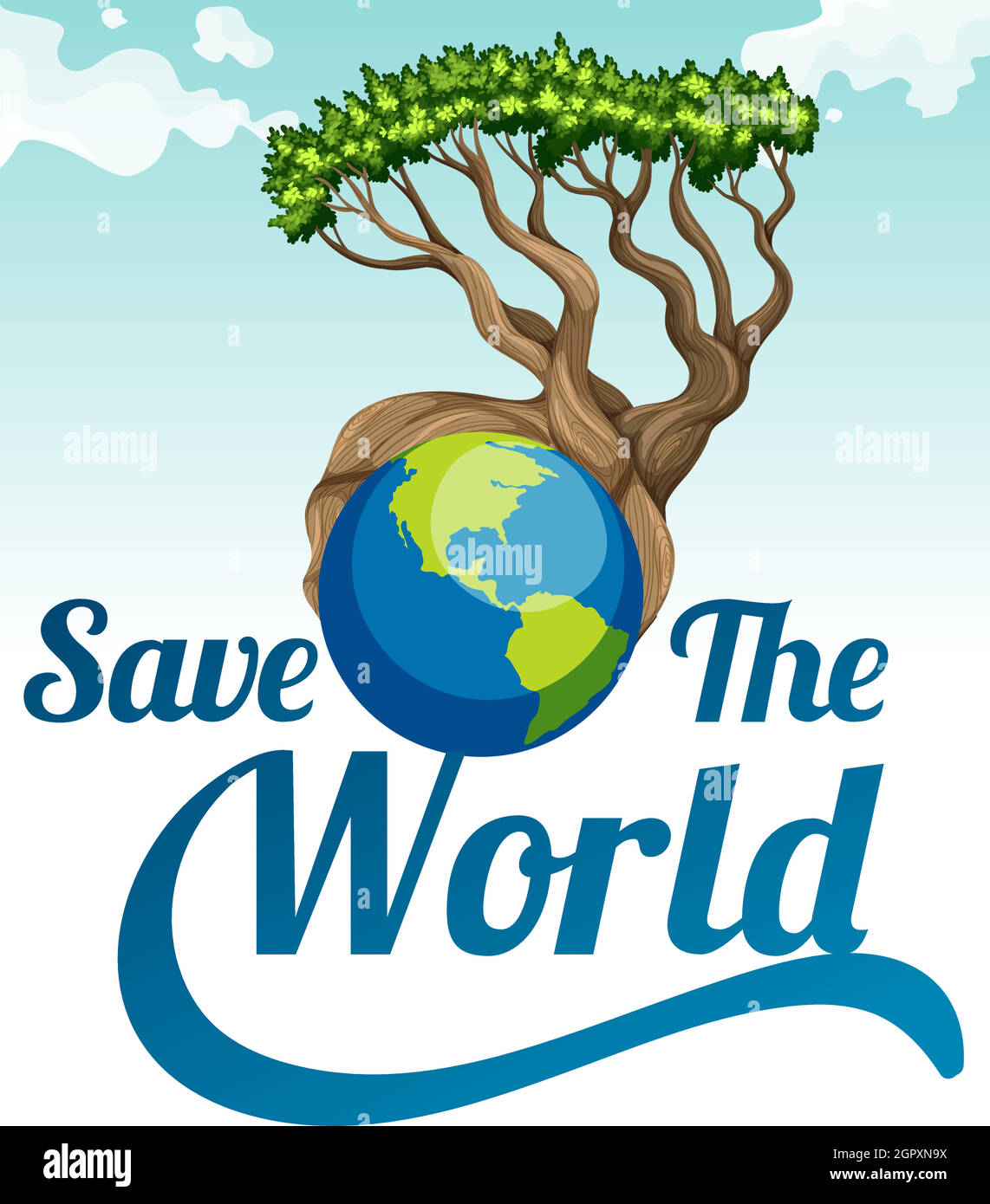 Salvare il poster del mondo con terra e albero Illustrazione Vettoriale