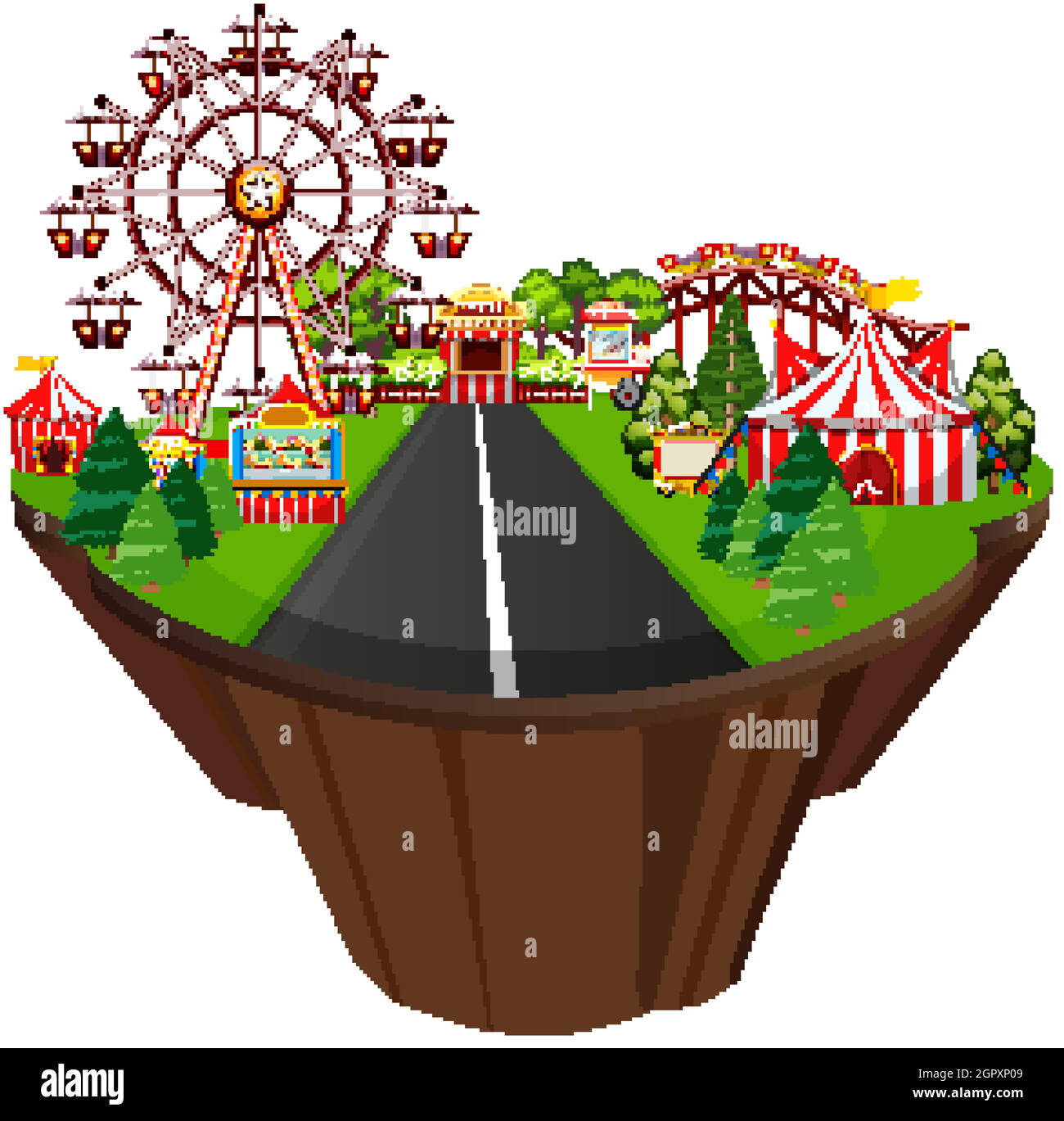 Scena con tende da circo e molte giostre lungo la strada Illustrazione Vettoriale