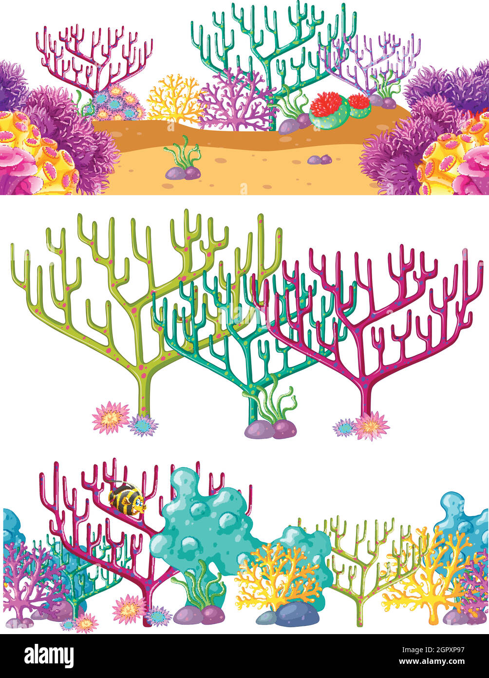 Tre scene con barriera corallina subacquea Illustrazione Vettoriale